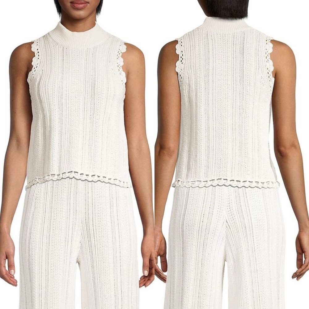 Rebecca Taylor Mock Neck  Sleeveless Crochet Sleeveless Sweater Chalk White Sz M